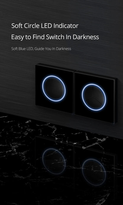 Wallpad zwart glazen schakelaar met ronde blauwe LED & stopcontact