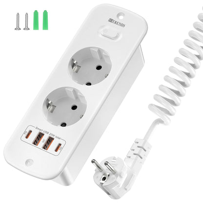 Hitrends Inbouw Wandcontactdoos – 2 EU Stopcontacten, 2 USB-A & 2 USB-C PD 20W, 2m Spiraal Verlengkabel