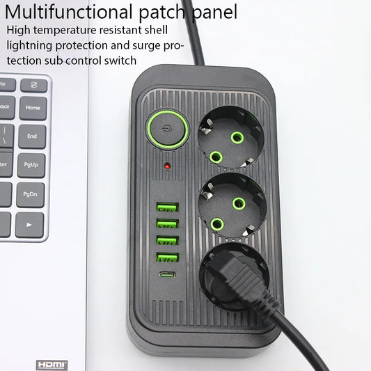 EU Power Strip – 3 Stopcontacten, 4 USB & 1 USB-C, 2m Verlengkabel, Snelladen