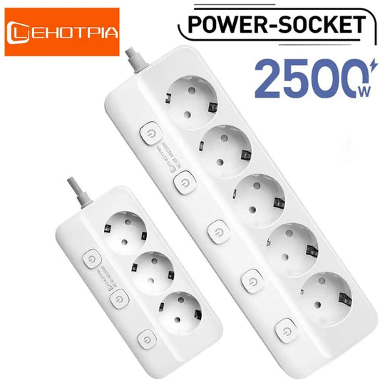 Lehotpia Power Strip – 5 EU Stopcontacten, 2m Verlengkabel, Individuele Schakelaars, 2500W