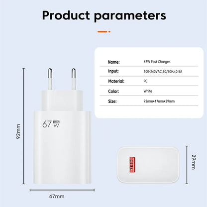 67W USB Fast Charger met 6A Type-C Kabel – Xiaomi, POCO & Redmi