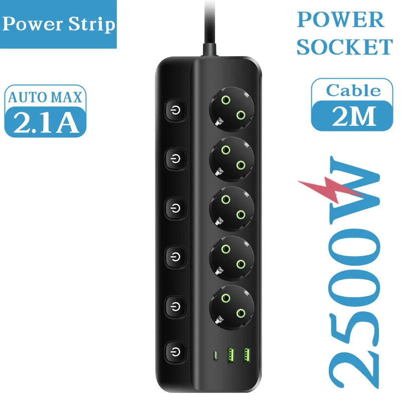 MAOZUA Power Strip – 3/5 Stopcontacten, 2 USB & 1 USB-C, 6/8-in-1 Stekkerdoos, Snelladen