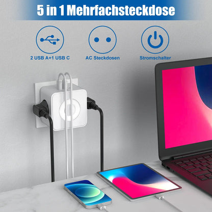 EU Power Strip Cube – 2 Stopcontacten, 2 USB-A & 1 USB-C, Nachtlampje, 3680W Wandcontactdoos