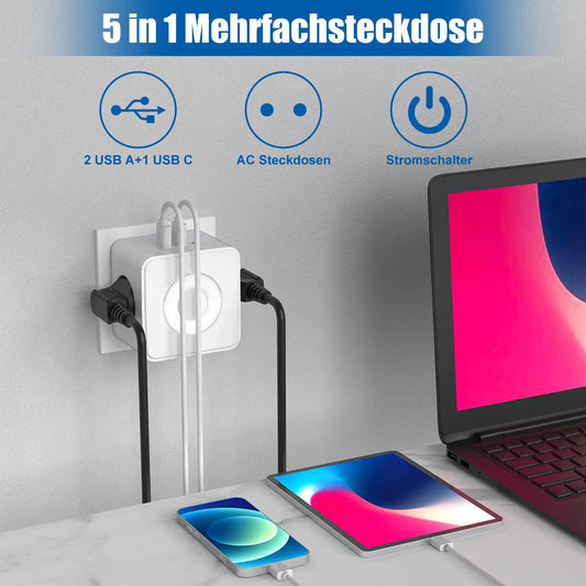 EU Power Strip Cube – 2 Stopcontacten, 2 USB-A & 1 USB-C, Nachtlampje, 3680W Wandcontactdoos