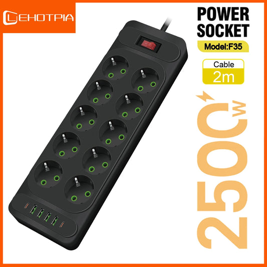 EU Plug AC Power Strip 10-weg Stekkerdoos – 2m Verlengsnoer met 3 Smart USB-poorten & Overspanningsbeveiliging