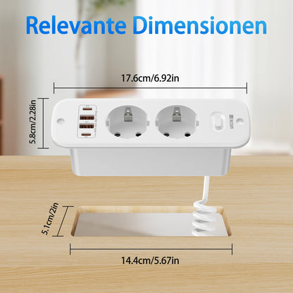 Hitrends Inbouw Wandcontactdoos – 2 EU Stopcontacten, 2 USB-A & 2 USB-C PD 20W, 2m Spiraal Verlengkabel