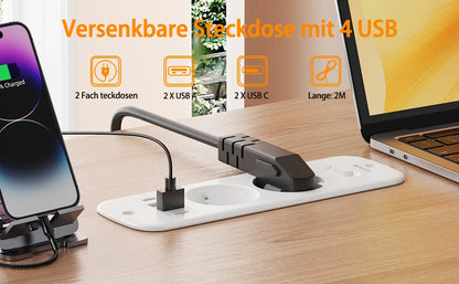 Hitrends Inbouw Wandcontactdoos – 2 EU Stopcontacten, 2 USB-A & 2 USB-C PD 20W, 2m Spiraal Verlengkabel