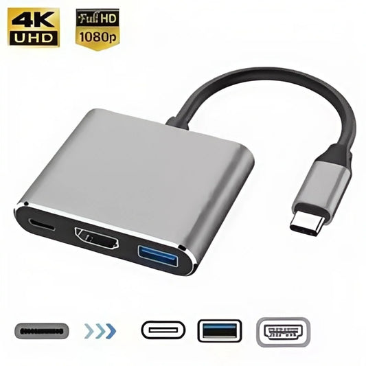 USB-C Hub Adapter 3-in-1 – 4K HDMI, USB 3.0 & Oplaadpoort – Geschikt voor MacBook & Laptops