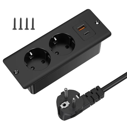 Hitrends Inbouw Bureau Stopcontact – 2 EU Stopcontacten, 1 USB & 1 USB-C, 2m Verlengkabel