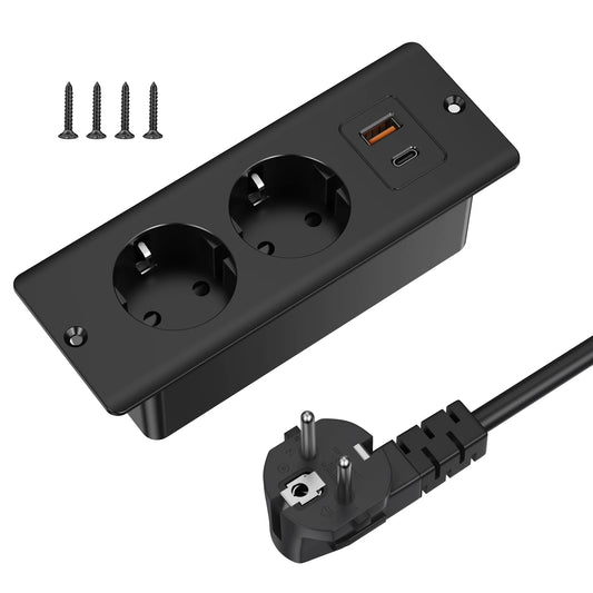 Hitrends Inbouw Bureau Stopcontact – 2 EU Stopcontacten, 1 USB & 1 USB-C, 2m Verlengkabel