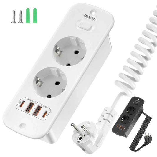 Hitrends Inbouw Wandcontactdoos – 2 EU Stopcontacten, 2 USB-A & 2 USB-C PD 20W, 2m Spiraal Verlengkabel