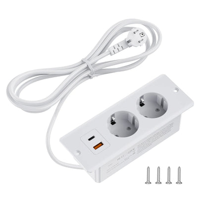 Hitrends Inbouw Bureau Stopcontact – 2 EU Stopcontacten, 1 USB & 1 USB-C, 2m Verlengkabel